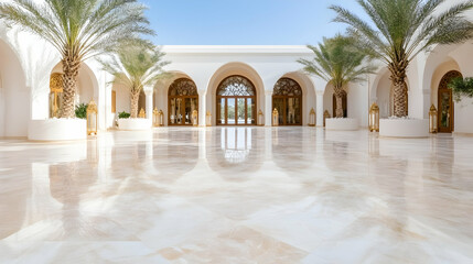 Luxurious courtyard with arched doorways, palm trees, and polished floors