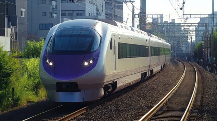 Naklejka premium Modern high-speed train traveling on tracks in an urban setting with a blue sky and green foliage.