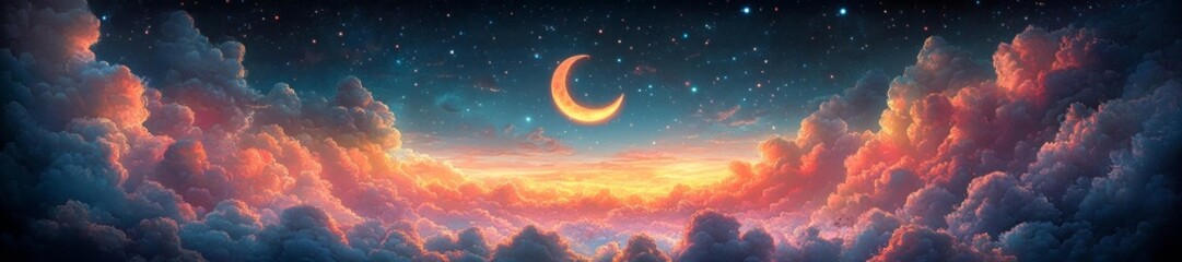 A crescent moon glows brightly above fluffy clouds in a dreamy twilight sky. Generative AI