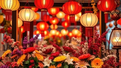 festive decorations with lanterns and flowers, seasonal, arrangement