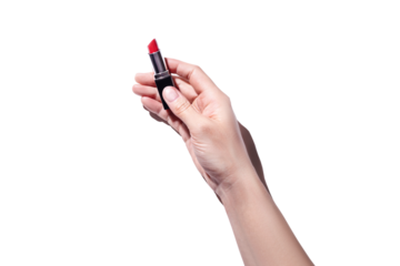 A woman's hand holds red lipstick isolated on white or transparent background