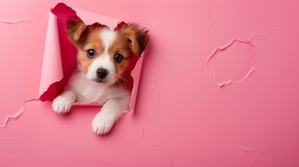 adorable image of a tiny puppy with floppy ears peeking through a hole in a sunny pink paper wall with space for custom banners