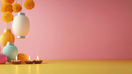 diwali festival concept oil lamps and lanterns on isolated background