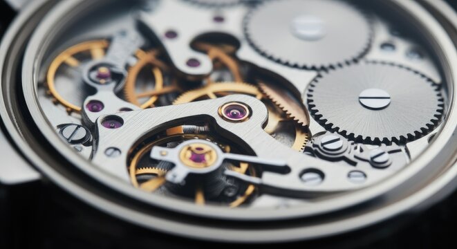 Close-up view of intricate watch mechanism with gears and cogs