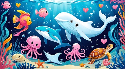 fishes in the sea. cute underwater animals, fishes and plants. Ocean, endless undersea texture design. 