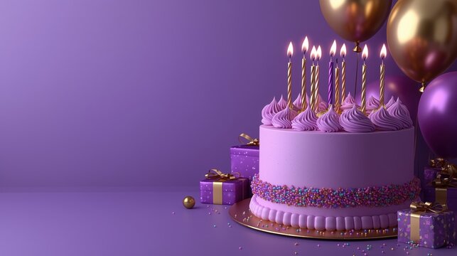 Celebrate a special occasion with a purple birthday cake adorned with candles and gifts in a festive setting