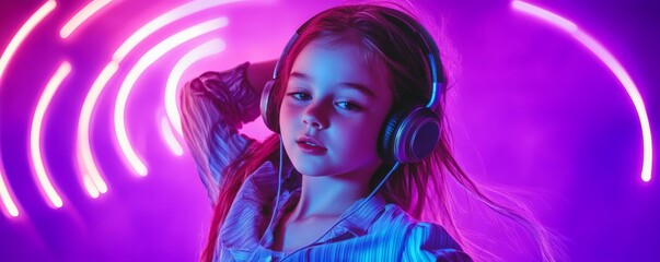 A young girl wearing headphones surrounded by neon colored lights