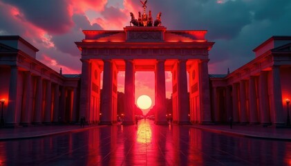 Obraz premium Descripci?n de la Puerta del Sol con luces rojas, catedral, puerta del sol, rojo