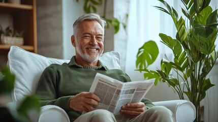 Man is sitting in a chair with a newspaper in his lap. He is smiling and he is enjoying his reading time