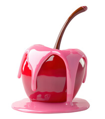 Delicious cherry coated in vibrant pink syrup on a white surface