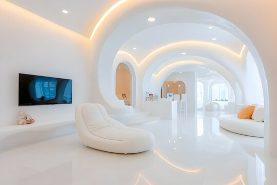 Modern, minimalist waiting area in a pristine white clinic