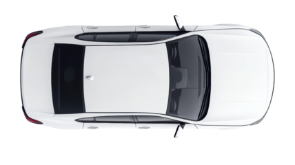 Sleek white car parked on a clean surface from above perspective