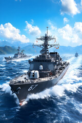 Modern warships in action on a vast ocean