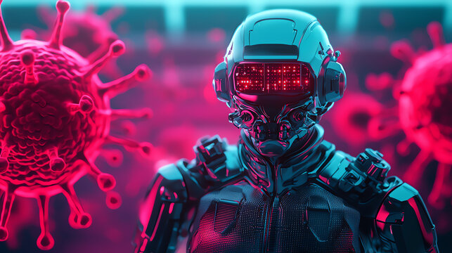 Futuristic robot with virus imagery, showcasing advanced technology and defense