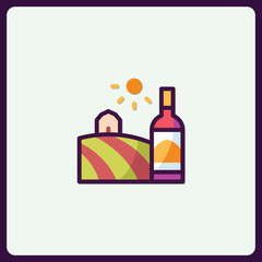 Stylized Vineyard Landscape with Wine Bottle Minimalist Icon Design