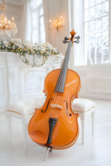 Orange cello resting on a white stool in a luxurious, light-filled room