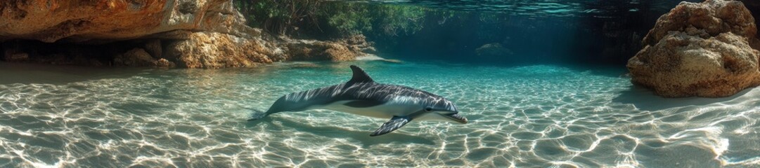 Fototapeta premium Dolphin Swimming Gracefully in a Peaceful Clear Water Under the Rocks. Generative AI