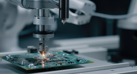 Fototapeta premium Robotic arm is precisely soldering circuit board in advanced technology setting