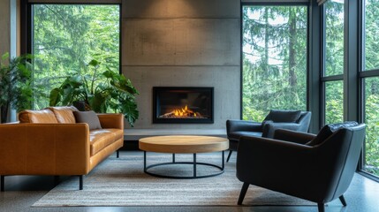 Fototapeta premium Sala de estar moderna con chimenea y plantas