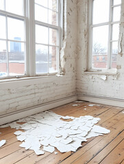 Peeling paint on a wooden floor, revealing brick walls and large windows