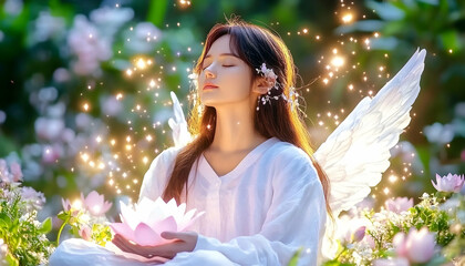 Peaceful young woman with angel wings, holding lotus flower, surrounded by glowing light