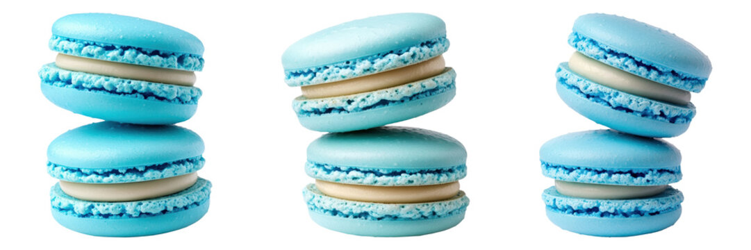 Three blue macarons stacked in row on transparency background