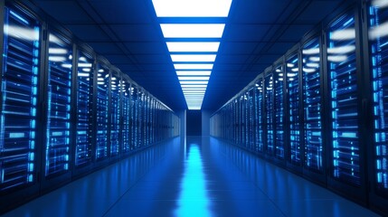Fototapeta premium Glowing server racks in a modern data center, showcasing advanced technology and digital infrastructure. 