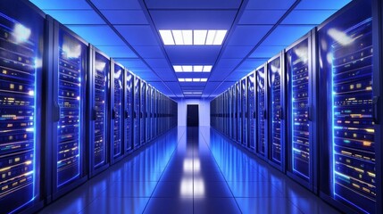 Fototapeta premium Glowing server racks in a modern data center, showcasing advanced technology and digital infrastructure. 