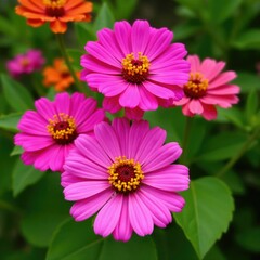 Obraz premium Brightly colored zinnia flowers with large petals, spring garden, zinnias