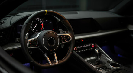 Obraz premium Luxurious car interior showcasing modern steering wheel, dashboard, and gear shift