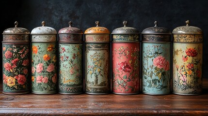 Vintage tin containers with floral patterns on a wooden surface. Display of decorative containers