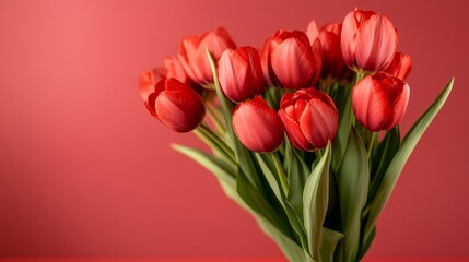 Fototapeta premium Bouquet of red tulips is displayed on a red background. The flowers are arranged in a vase, and they are the main focus of the image