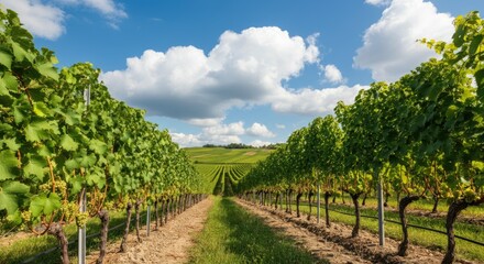 Fototapeta premium Vibrant vineyard under bright blue sky with rows of grapevines stretching into distance