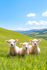 Fototapeta premium Soft white lambs playfully leap and romp across a vibrant grassy field, their fur gleaming under a clear blue sky with fluffy clouds. A picturesque rural scene unfolds