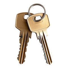 Two golden house keys on keyring isolated on transparency background