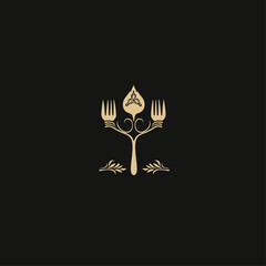 Obraz premium Golden Culinary Logo with Forks and Crown on Black Background Design