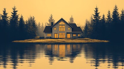 Fototapeta premium Cozy cabin by sunset lake view high resolution hd image