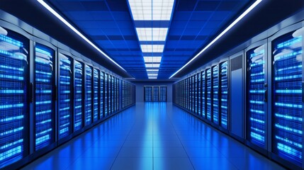Fototapeta premium Glowing server racks in a modern data center, showcasing advanced technology and digital infrastructure. 
