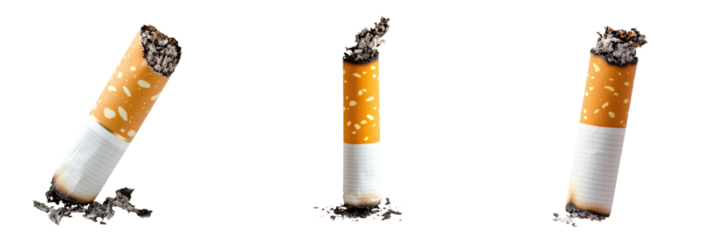 Three cigarette butts with ash isolated on transparency background