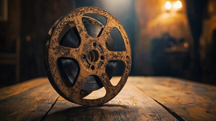 Obraz premium Vintage movie reel with film strips casting shadows in dim light