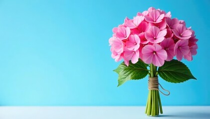 Obraz premium A bunch of pink hydrangeas tied with twine against the blue sky, tied bouquet, pink flowers