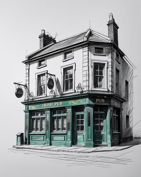 Traditional Irish pub building design in sketch hand drawing black and white on plain white background