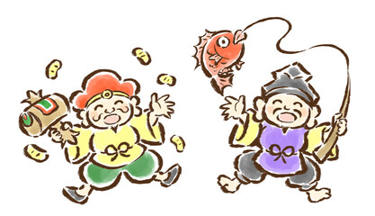 ジャンプして喜びを表す恵比寿天と大黒天　筆タッチ手描きイラスト