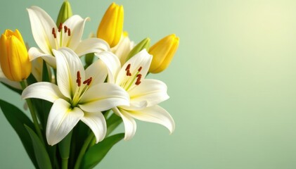 A bouquet of fresh white lilies and yellow tulips, bouquet, petals, tulips