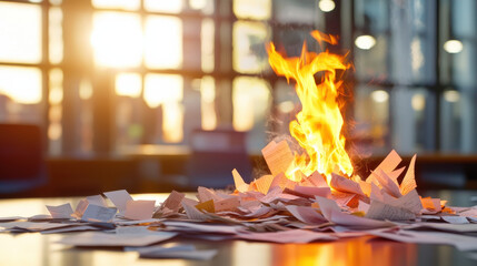 flickering flame dances on top of pile of crumpled papers, creating dramatic scene filled with warmth and intensity. sunlight streams through windows, enhancing atmosphere