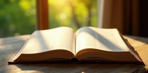 Obraz premium A book with sunlight shining through the pages on a wooden table, wooden table, book
