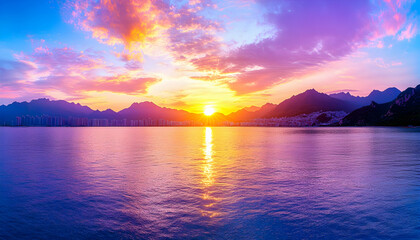 Stunning sunset over mountains and water. Vivid colors paint the sky and reflect on the calm sea