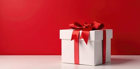 Fototapeta premium A big white gift box wrapped in bright red ribbon against a dark red colored wall, white, christmasgifts, redribbon