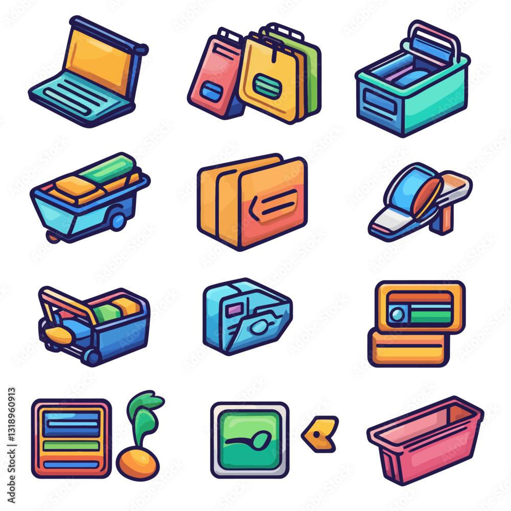 Poster colorful isometric icons collection of objects and items design elements
