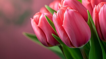 Fototapeta premium Bouquet of pink tulips with green leaves. The flowers are arranged in a vase and the vase is placed on a table. Concept of beauty and elegance